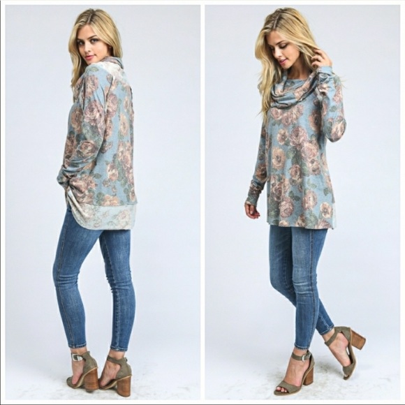 Blue Floral Long Sleeve Turtleneck Tee - Picture 12 of 13